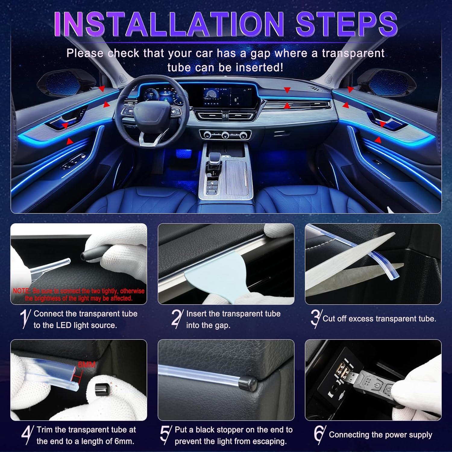 imageLivTee Smart Car LED Interior Lights with USB Port LED Strip Fiber Optic Lights Wireless App Control Sync to Music Car Accessories Gifts for Women and Men 5 in 1Fiber Optic Lights1to5