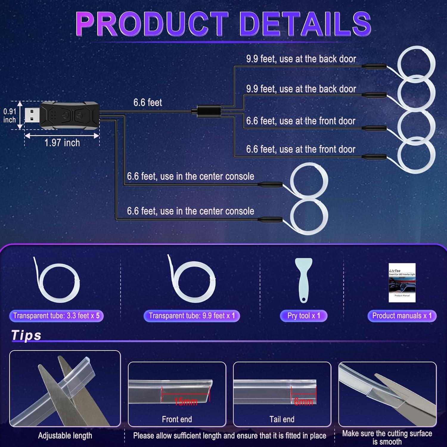 imageLivTee Smart Car LED Interior Lights with USB Port LED Strip Fiber Optic Lights Wireless App Control Sync to Music Car Accessories Gifts for Women and Men 5 in 1Fiber Optic Lights1to6