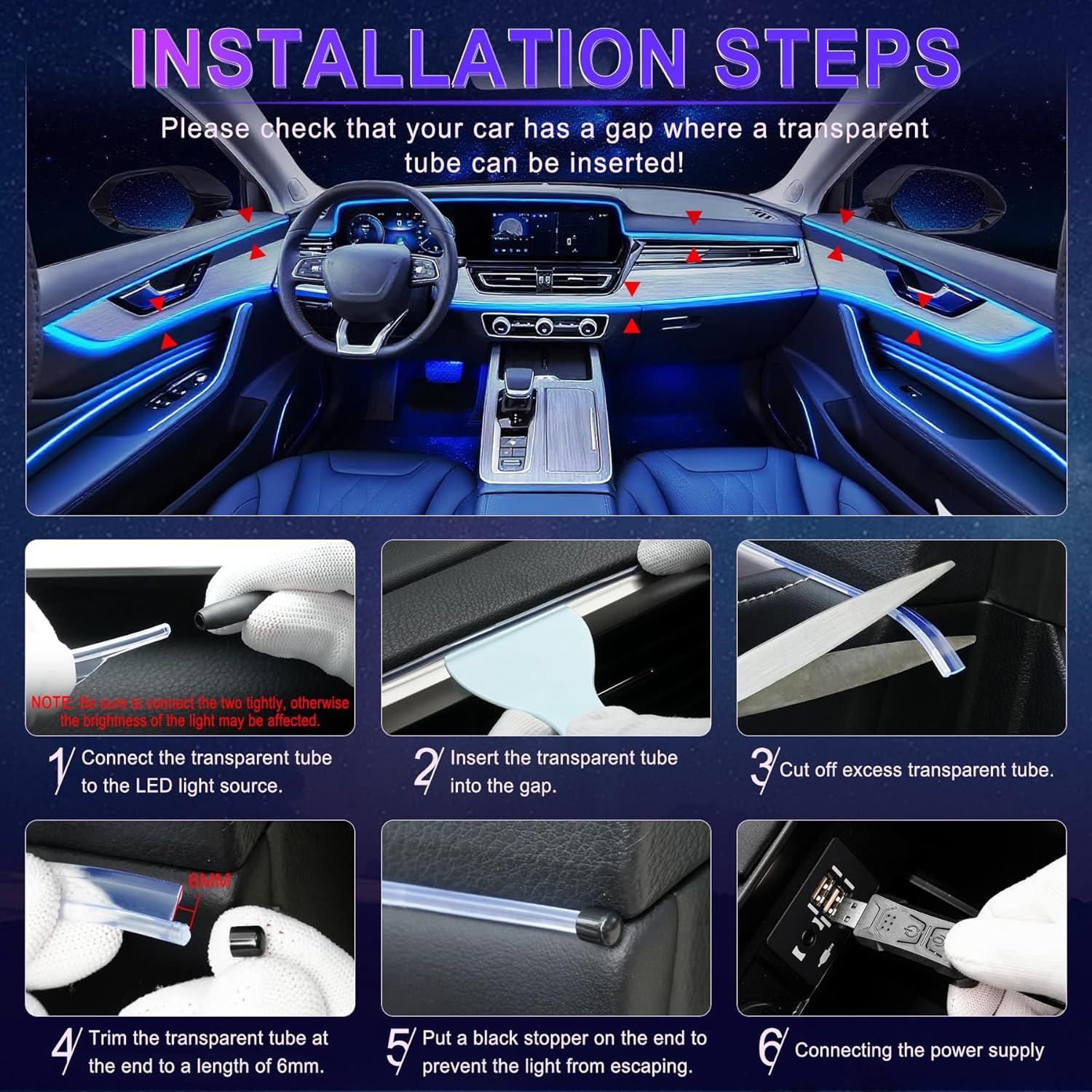 imageLivTee Smart Car LED Interior Lights with USB Port LED Strip Fiber Optic Lights Wireless App and Remote Control Sync to Music Car Accessories Gifts for Women and Men 6 in 1