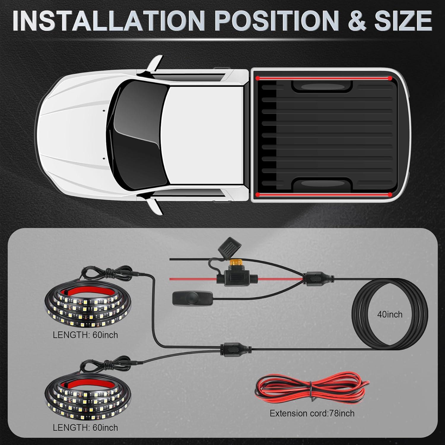 imageLivTee Truck Bed Lights 2PCS 60 Inch 12V LED Light Strip with OnOff Switch Blade Fuse 2Way Splitter Pickup Truck Accessories for Men  IP68 Waterproof2PCS