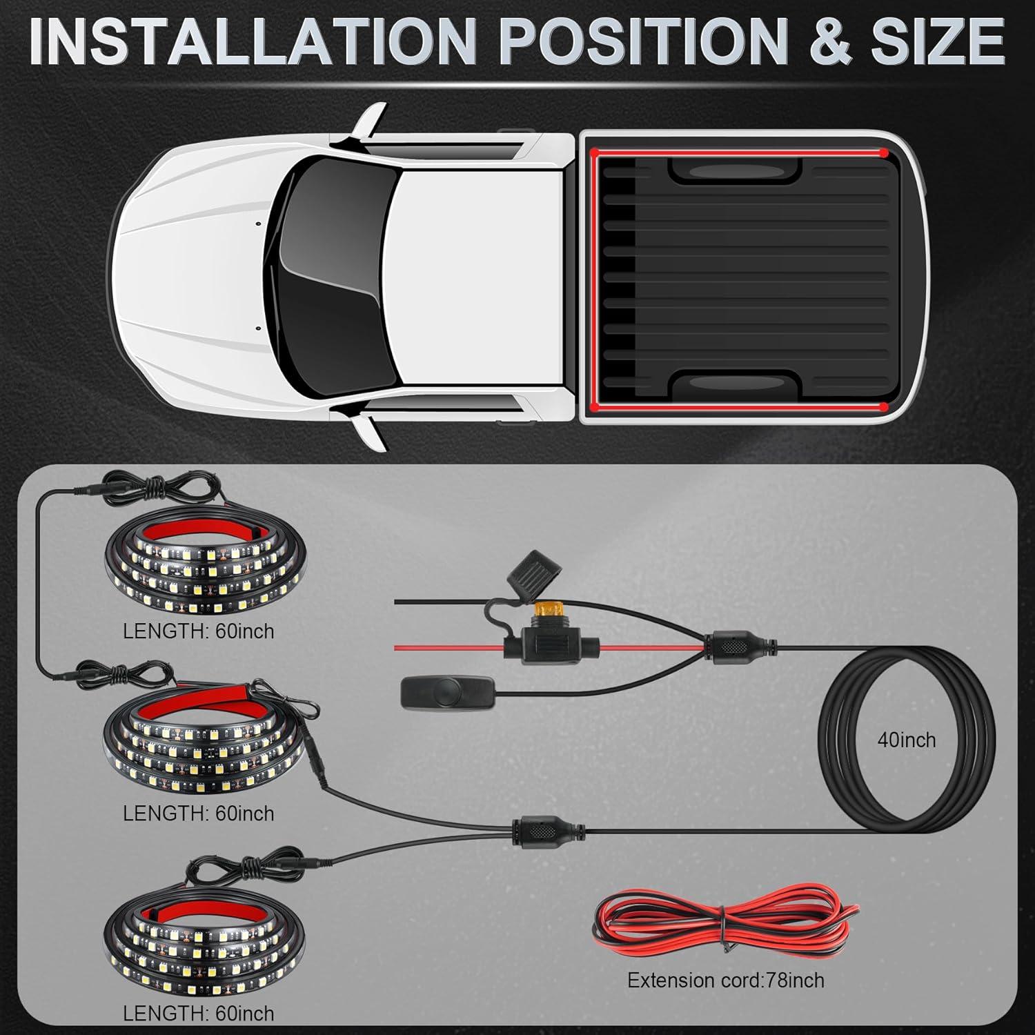 imageLivTee Truck Bed Lights 2PCS 60 Inch 12V LED Light Strip with OnOff Switch Blade Fuse 2Way Splitter Pickup Truck Accessories for Men  IP68 Waterproof3PCS