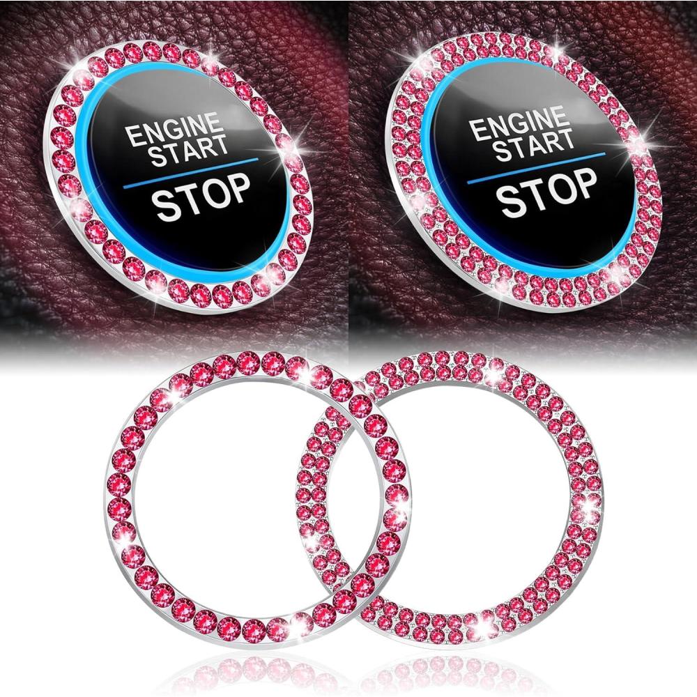 imageLivTee 2 PCS Crystal Rhinestone Car Engine Start Stop Decoration Ring Bling Car Interior Accessories for Women Push to Start Button Cover Sticker Automotive Decals WhiteSet Red