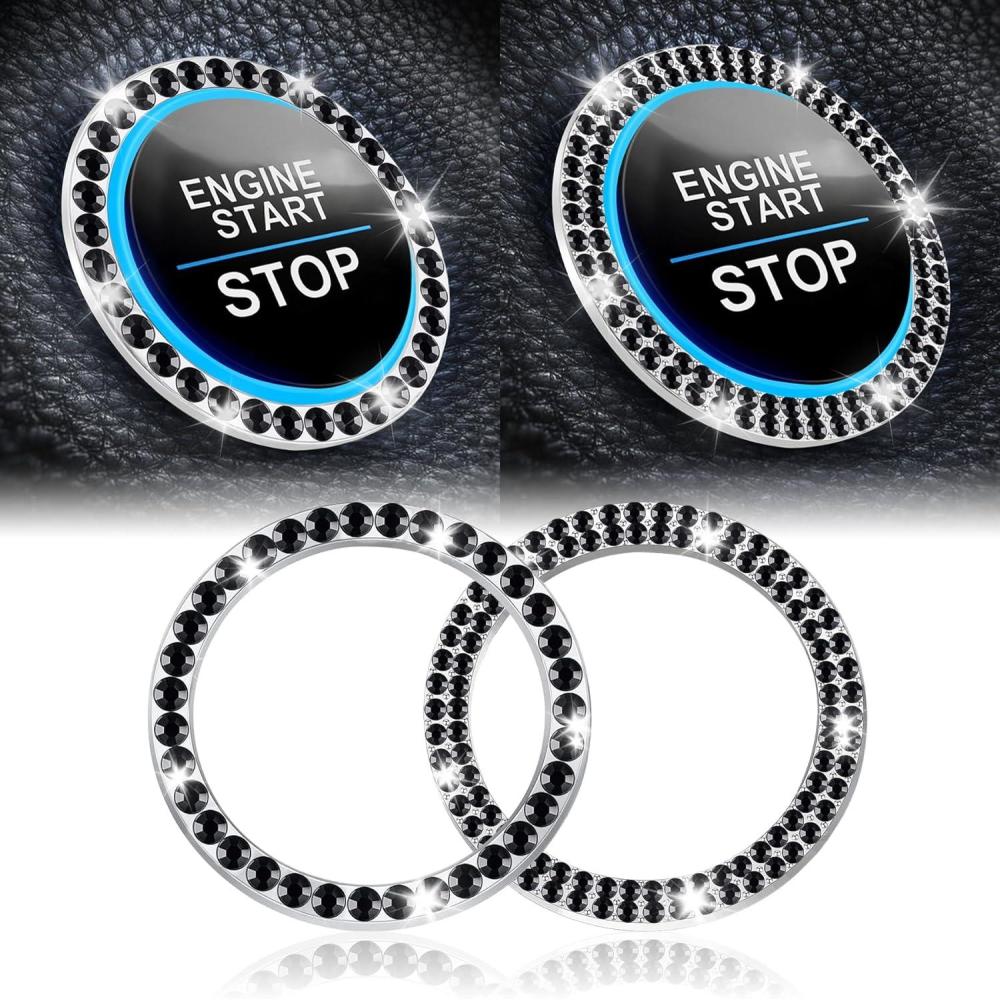 imageLivTee 2 PCS Crystal Rhinestone Car Engine Start Stop Decoration Ring Bling Car Interior Accessories for Women Push to Start Button Cover Sticker Automotive Decals WhiteSet Black