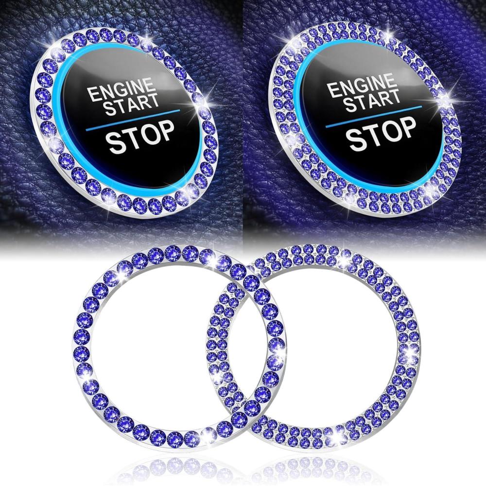 imageLivTee 2 PCS Crystal Rhinestone Car Engine Start Stop Decoration Ring Bling Car Interior Accessories for Women Push to Start Button Cover Sticker Automotive Decals WhiteSet Dark Blue