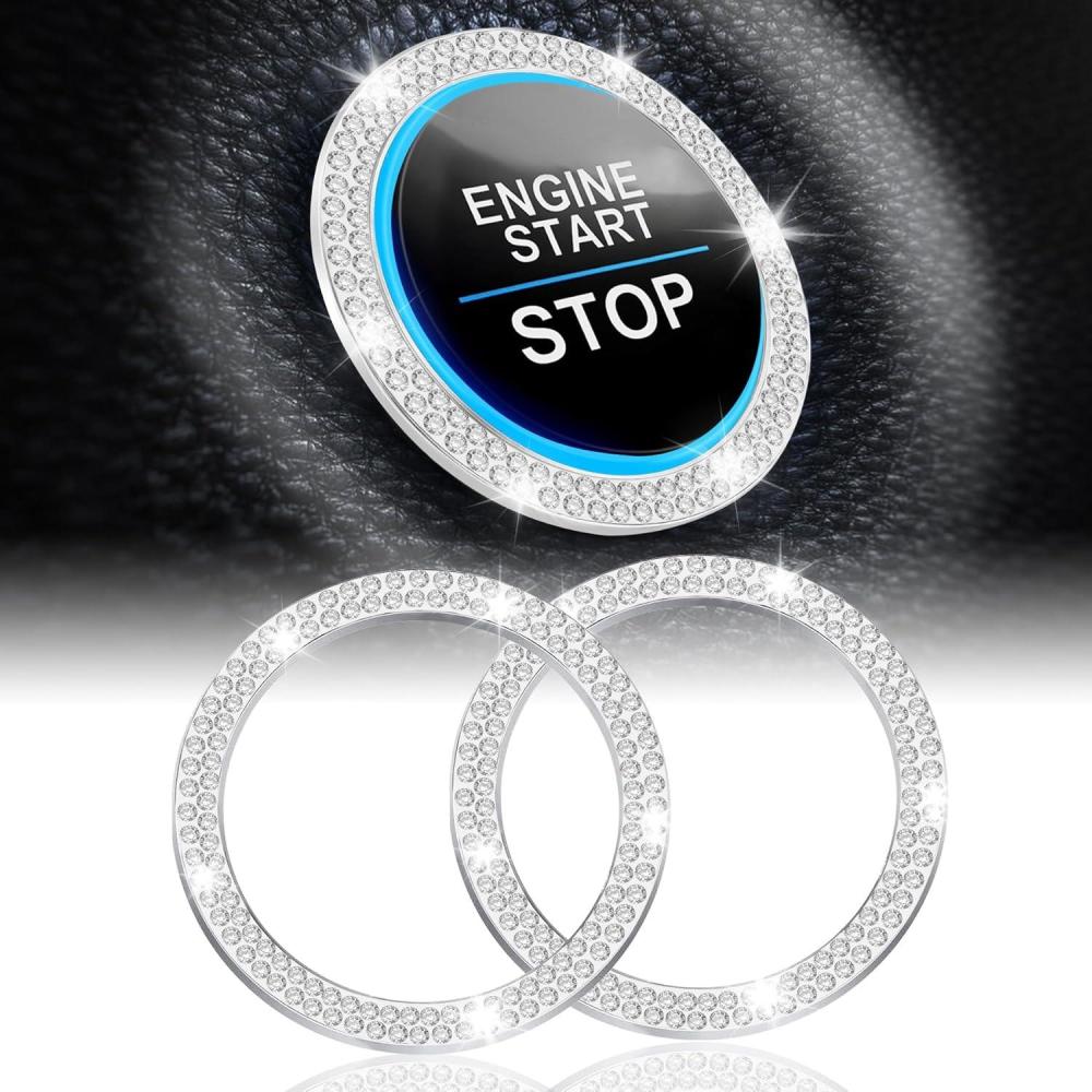 imageLivTee 2 PCS Crystal Rhinestone Car Engine Start Stop Decoration Ring Bling Car Interior Accessories for Women Push to Start Button Cover Sticker Automotive Decals WhiteDouble White