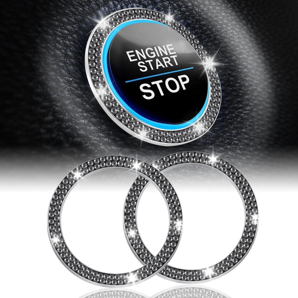 imageLivTee 2 PCS Crystal Rhinestone Car Engine Start Stop Decoration Ring Bling Car Interior Accessories for Women Push to Start Button Cover Sticker Automotive Decals WhiteDouble Glossy Black