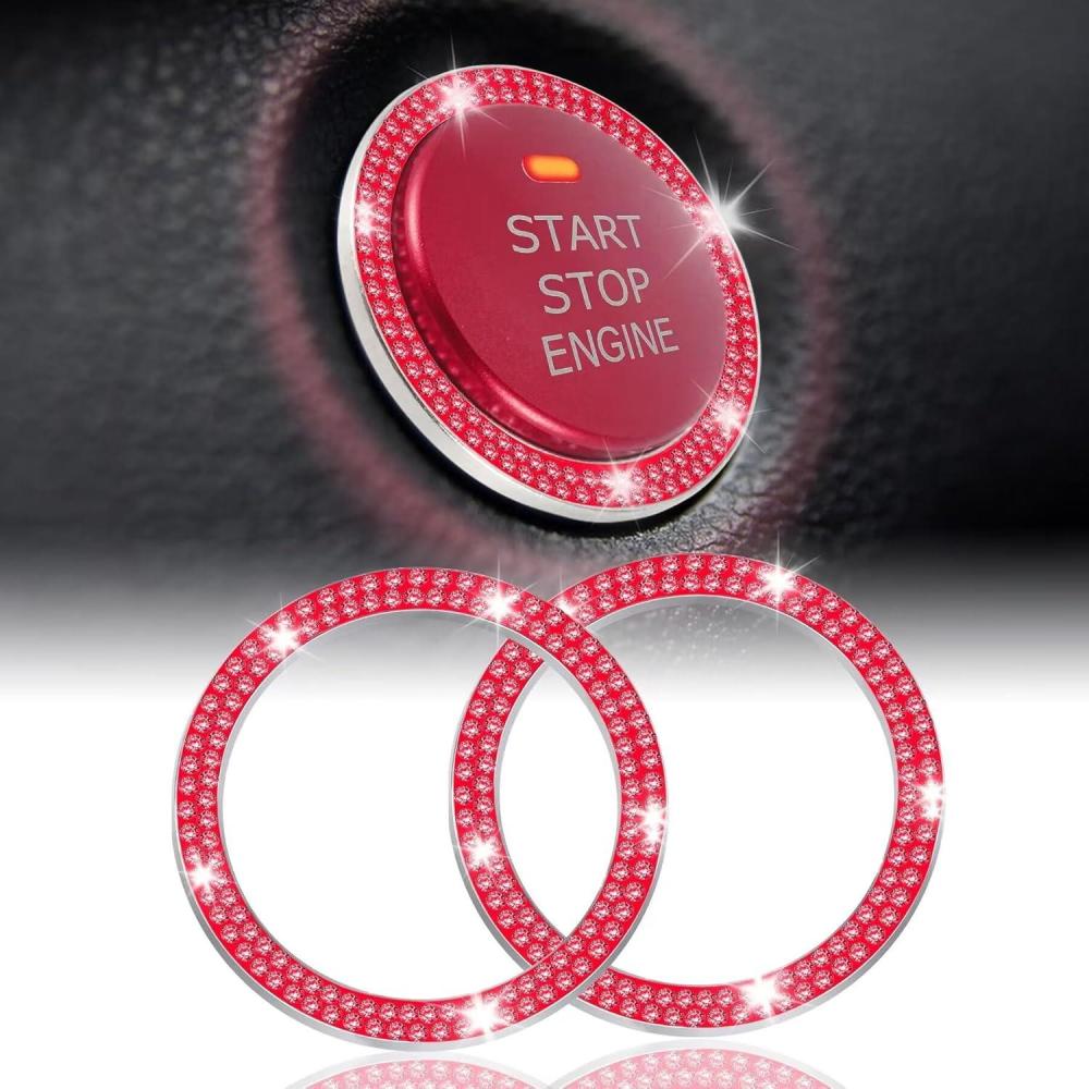 imageLivTee 2 PCS Crystal Rhinestone Car Engine Start Stop Decoration Ring Bling Car Interior Accessories for Women Push to Start Button Cover Sticker Automotive Decals WhiteDouble Red