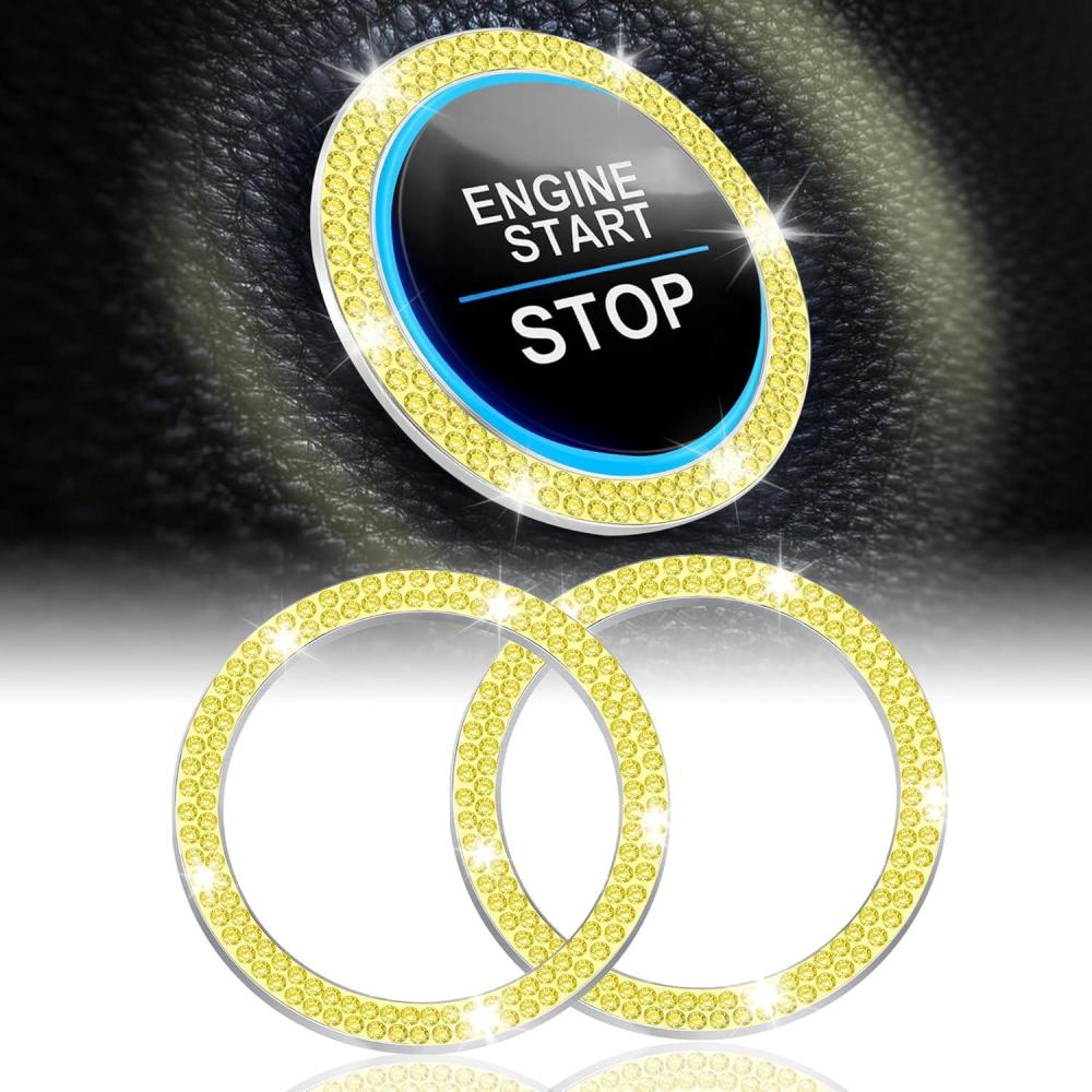 imageLivTee 2 PCS Crystal Rhinestone Car Engine Start Stop Decoration Ring Bling Car Interior Accessories for Women Push to Start Button Cover Sticker Automotive Decals WhiteDouble Lemonyellow