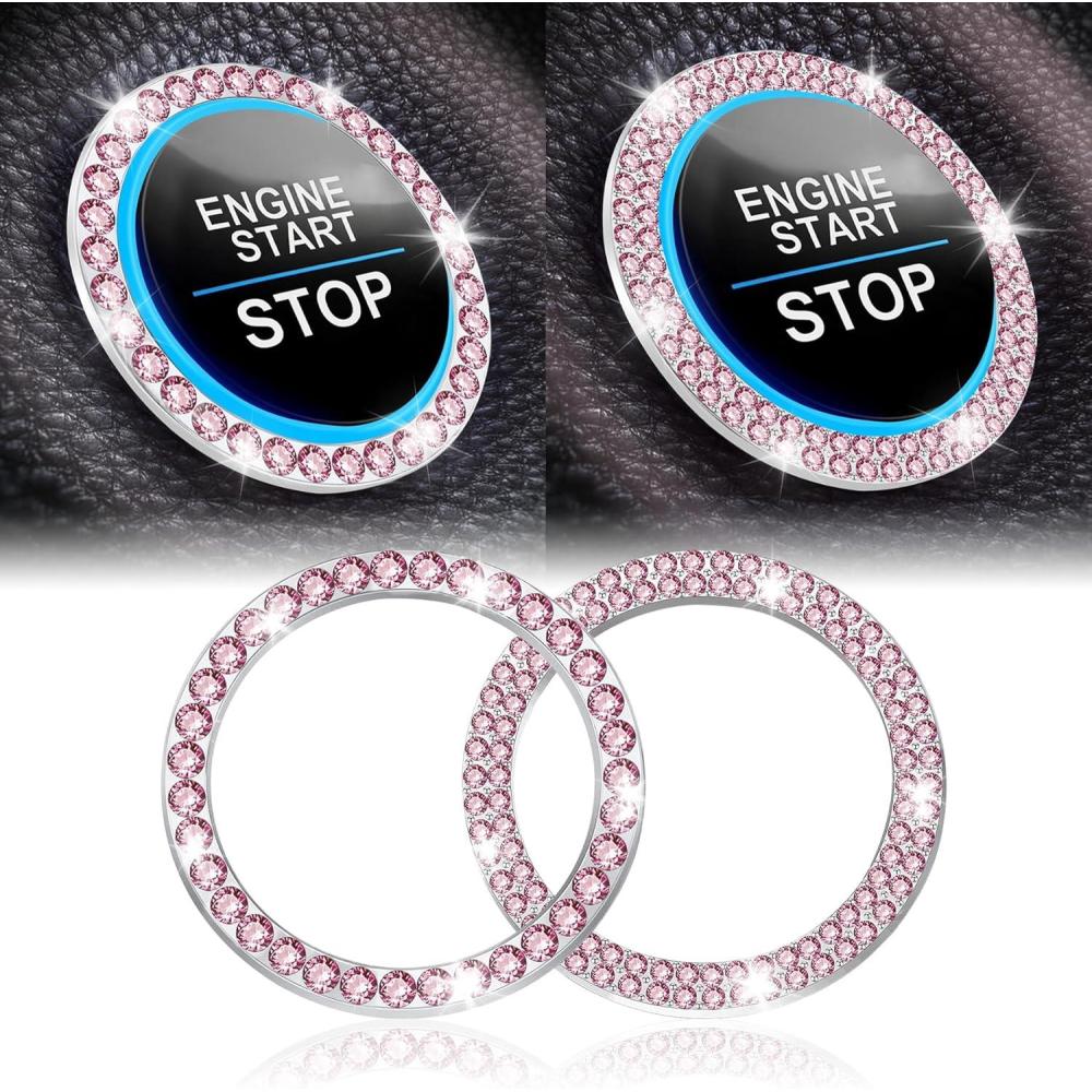 imageLivTee 2 PCS Crystal Rhinestone Car Engine Start Stop Decoration Ring Bling Car Interior Accessories for Women Push to Start Button Cover Sticker Automotive Decals WhiteSet Pink