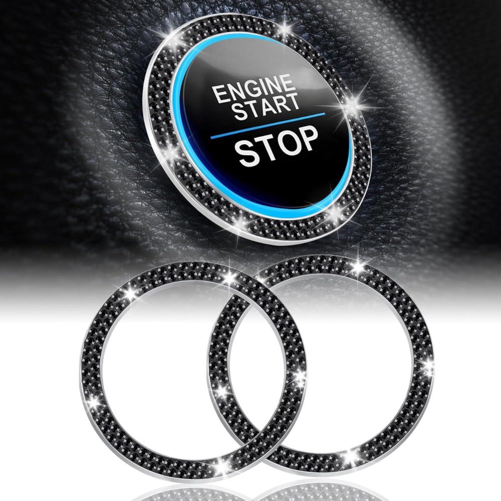 imageLivTee 2 PCS Crystal Rhinestone Car Engine Start Stop Decoration Ring Bling Car Interior Accessories for Women Push to Start Button Cover Sticker Automotive Decals WhiteDouble Black