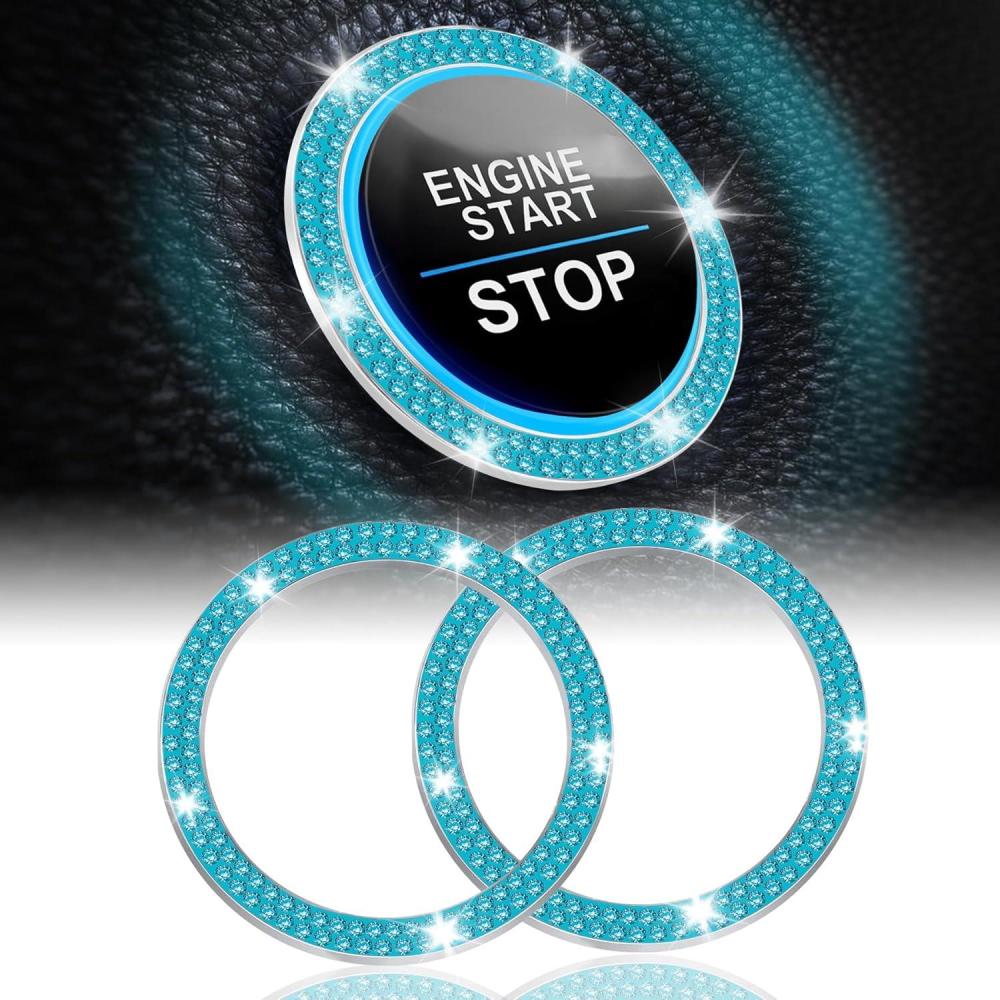 imageLivTee 2 PCS Crystal Rhinestone Car Engine Start Stop Decoration Ring Bling Car Interior Accessories for Women Push to Start Button Cover Sticker Automotive Decals WhiteDouble Cyan