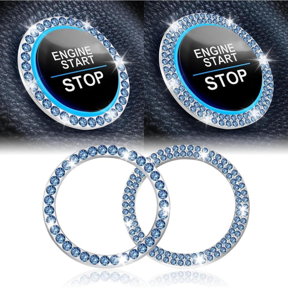 imageLivTee 2 PCS Crystal Rhinestone Car Engine Start Stop Decoration Ring Bling Car Interior Accessories for Women Push to Start Button Cover Sticker Automotive Decals WhiteSet Light Blue