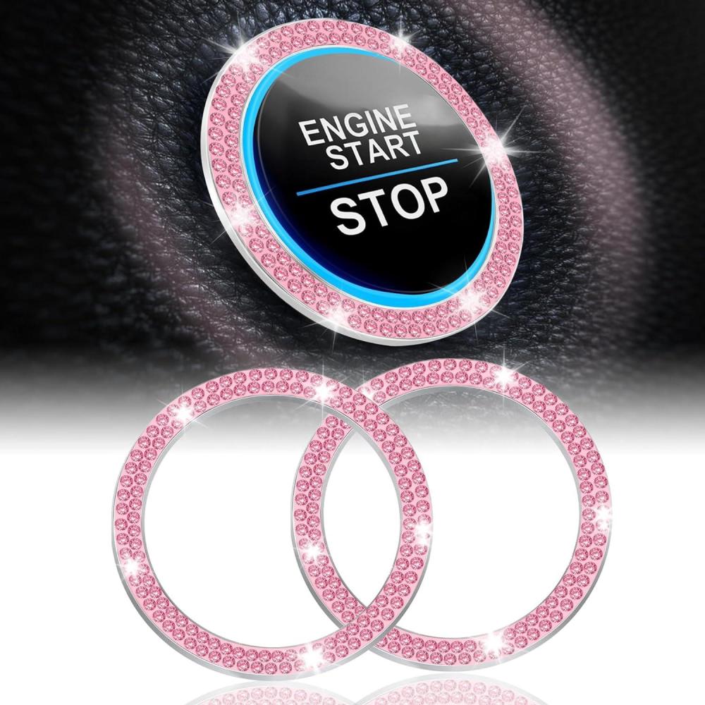 imageLivTee 2 PCS Crystal Rhinestone Car Engine Start Stop Decoration Ring Bling Car Interior Accessories for Women Push to Start Button Cover Sticker Automotive Decals WhiteDouble Pink