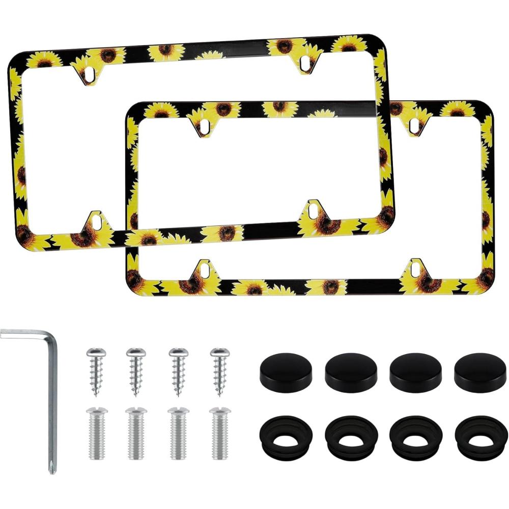 imageLivTee Carbon Fiber License Plate Frames 2 Holes Stainless Steel License Plate Covers 2PCS Car License Plate Holder Slim Design with Gasket Cover for US Cars Automotive Exterior AccessoriesSunflower