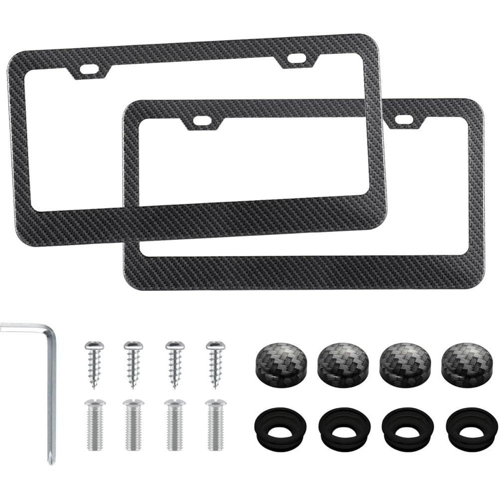 imageLivTee Carbon Fiber License Plate Frames 2 Holes Stainless Steel License Plate Covers 2PCS Car License Plate Holder Slim Design with Gasket Cover for US Cars Automotive Exterior Accessories2H CF TNBW