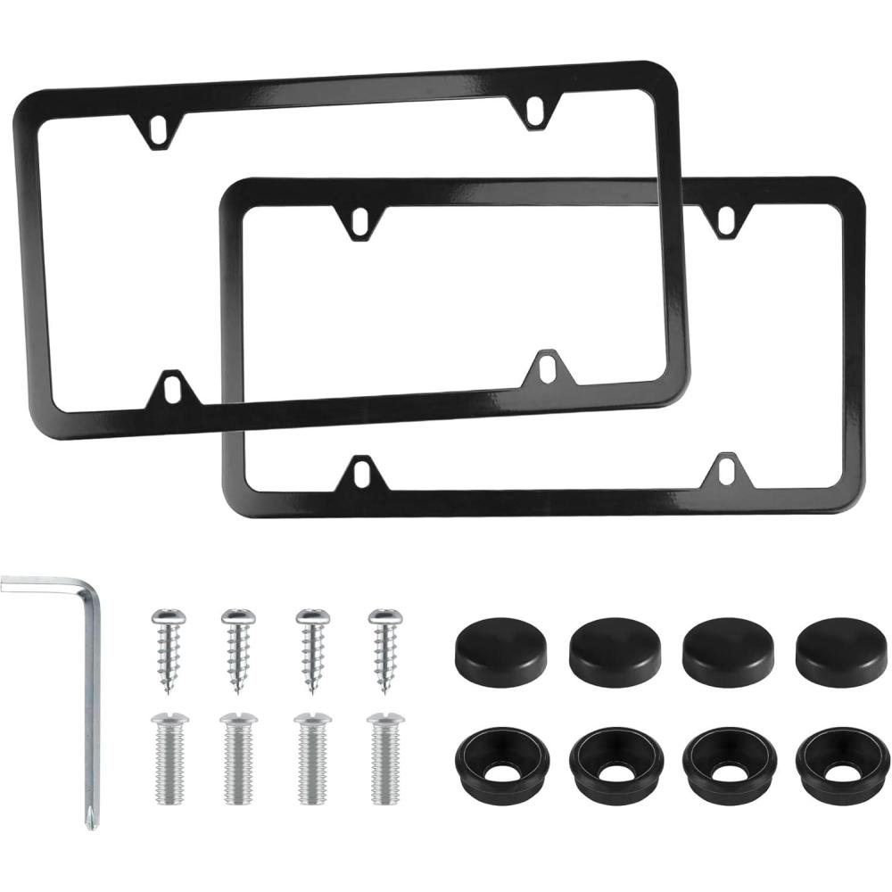 imageLivTee Carbon Fiber License Plate Frames 2 Holes Stainless Steel License Plate Covers 2PCS Car License Plate Holder Slim Design with Gasket Cover for US Cars Automotive Exterior AccessoriesBlack