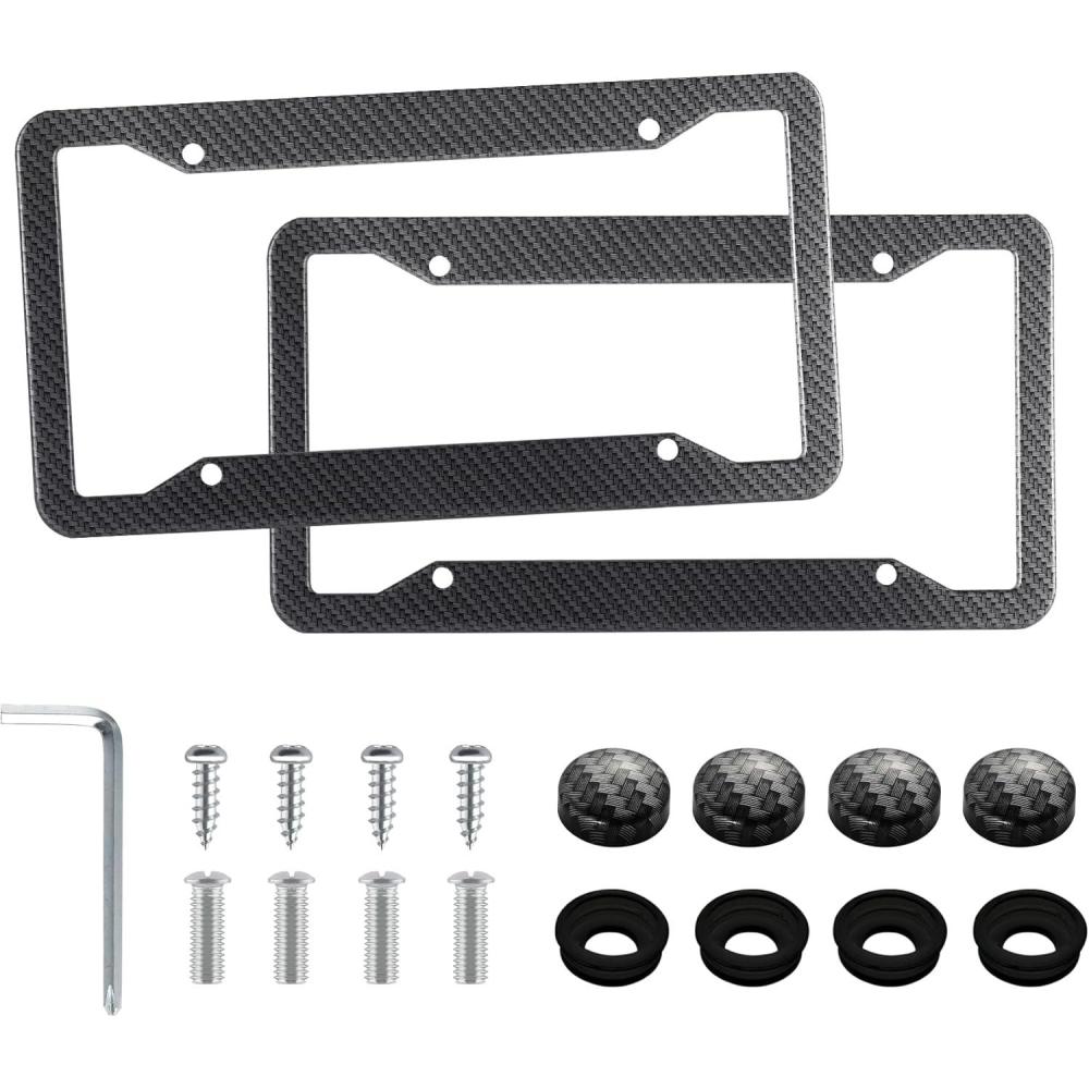imageLivTee Carbon Fiber License Plate Frames 2 Holes Stainless Steel License Plate Covers 2PCS Car License Plate Holder Slim Design with Gasket Cover for US Cars Automotive Exterior AccessoriesCarbon Fiber Wide