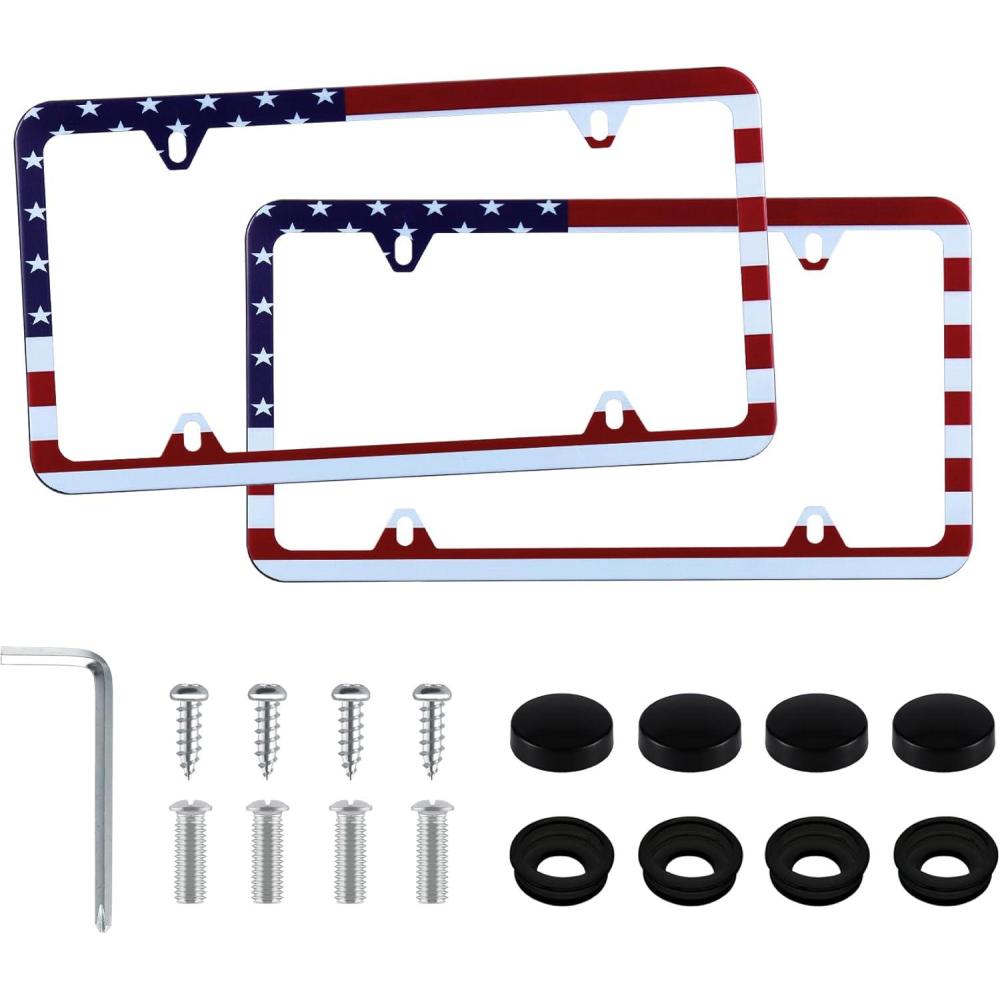 imageLivTee Carbon Fiber License Plate Frames 2 Holes Stainless Steel License Plate Covers 2PCS Car License Plate Holder Slim Design with Gasket Cover for US Cars Automotive Exterior AccessoriesFlag RWB