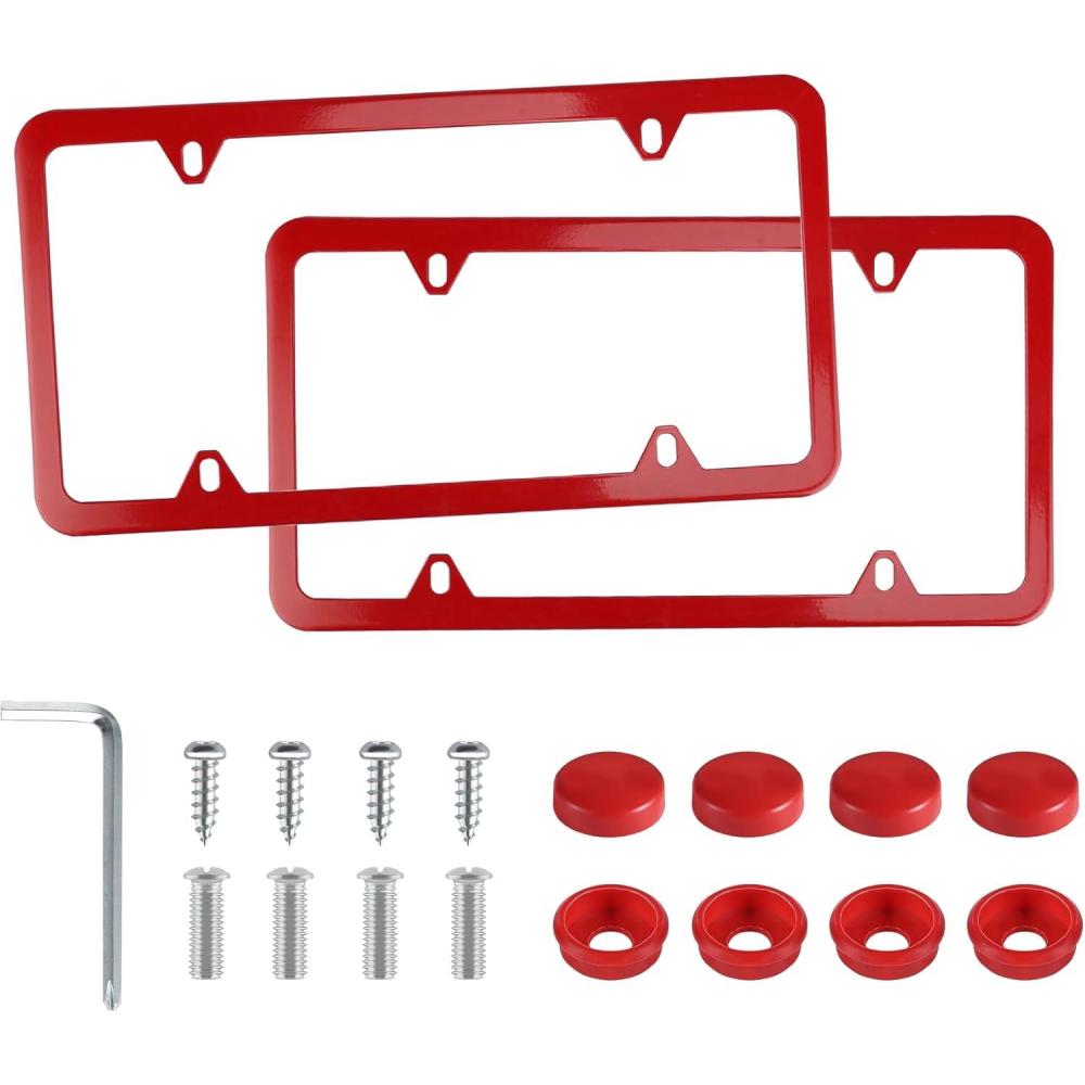 imageLivTee Carbon Fiber License Plate Frames 2 Holes Stainless Steel License Plate Covers 2PCS Car License Plate Holder Slim Design with Gasket Cover for US Cars Automotive Exterior AccessoriesRed