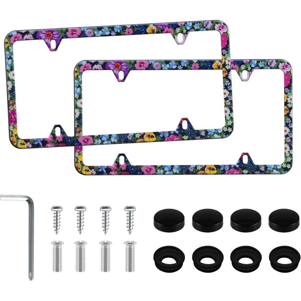 imageLivTee Carbon Fiber License Plate Frames 2 Holes Stainless Steel License Plate Covers 2PCS Car License Plate Holder Slim Design with Gasket Cover for US Cars Automotive Exterior AccessoriesFloral