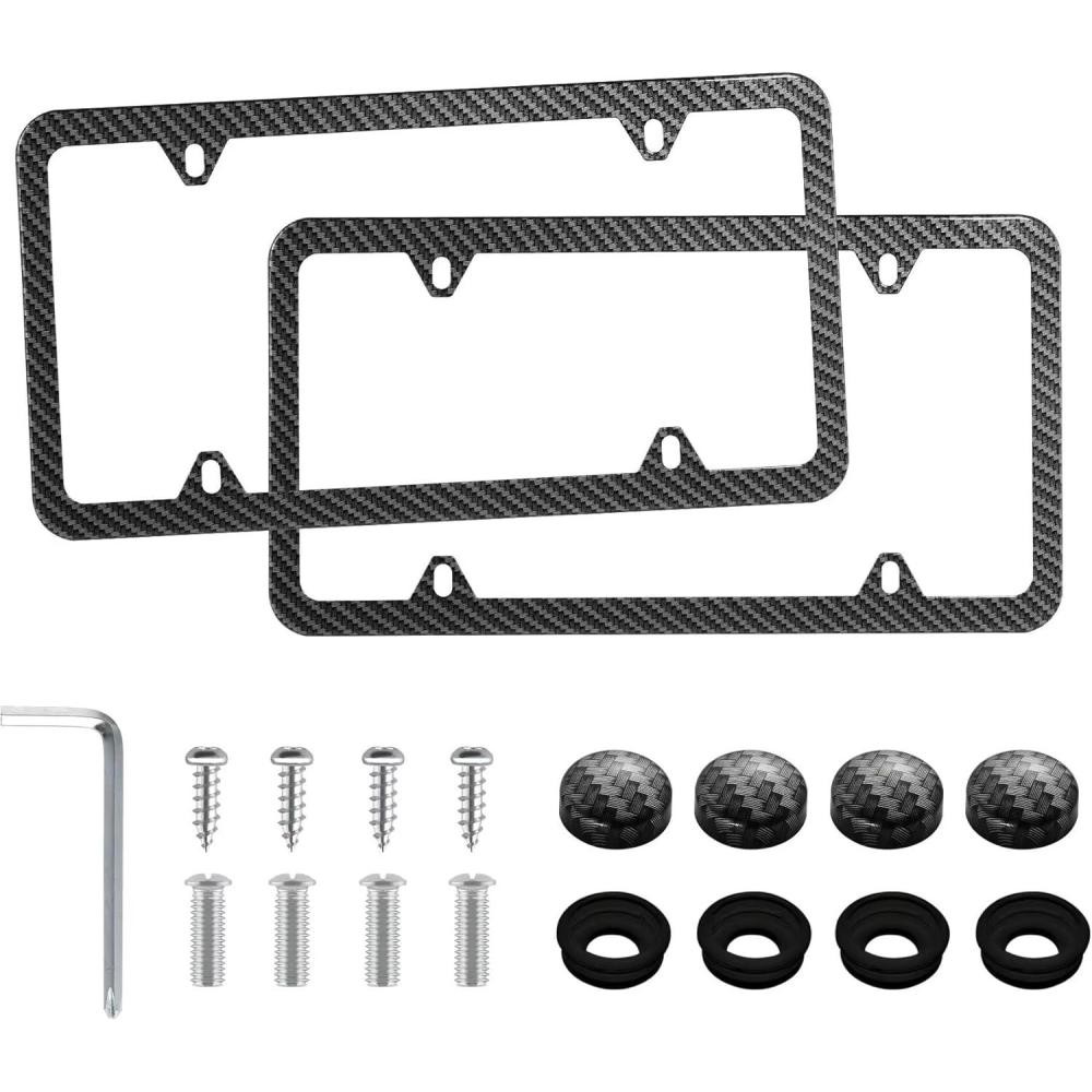 imageLivTee Carbon Fiber License Plate Frames 2 Holes Stainless Steel License Plate Covers 2PCS Car License Plate Holder Slim Design with Gasket Cover for US Cars Automotive Exterior AccessoriesCarbon Fiber