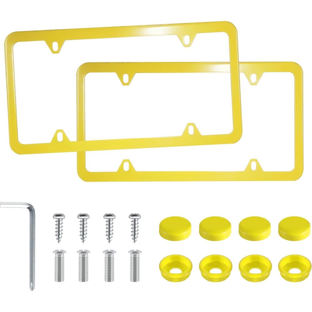 imageLivTee Carbon Fiber License Plate Frames 2 Holes Stainless Steel License Plate Covers 2PCS Car License Plate Holder Slim Design with Gasket Cover for US Cars Automotive Exterior AccessoriesYellow