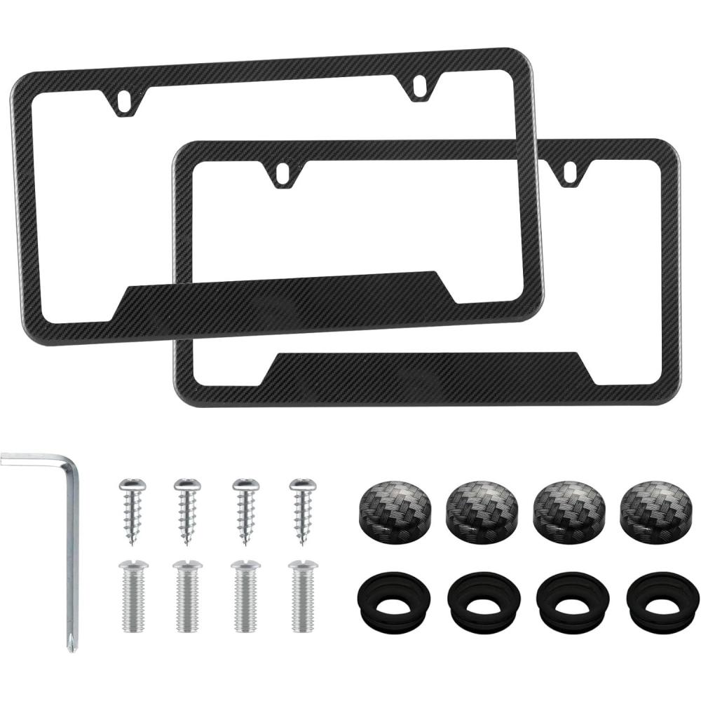 imageLivTee Carbon Fiber License Plate Frames 2 Holes Stainless Steel License Plate Covers 2PCS Car License Plate Holder Slim Design with Gasket Cover for US Cars Automotive Exterior Accessories2H CF OP