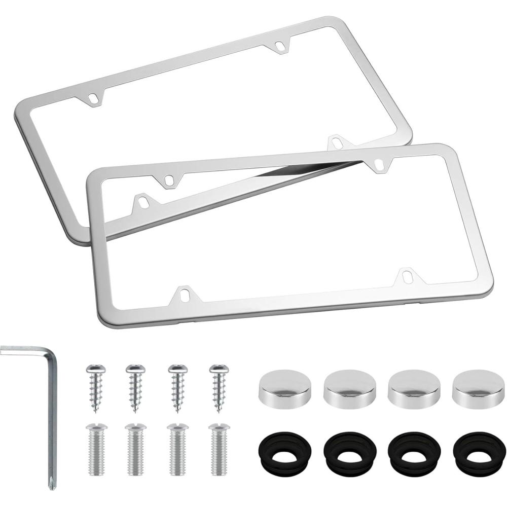 imageLivTee Carbon Fiber License Plate Frames 2 Holes Stainless Steel License Plate Covers 2PCS Car License Plate Holder Slim Design with Gasket Cover for US Cars Automotive Exterior AccessoriesSilver