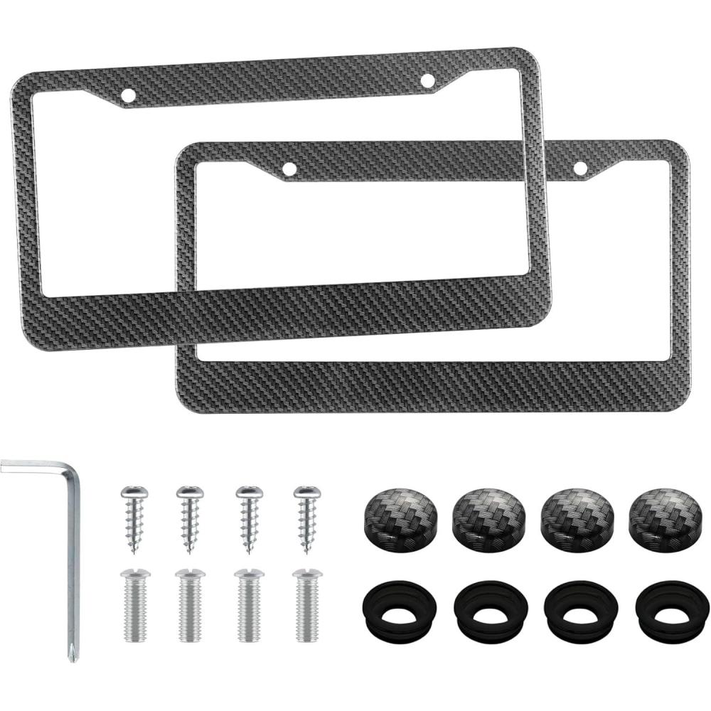 imageLivTee Carbon Fiber License Plate Frames 2 Holes Stainless Steel License Plate Covers 2PCS Car License Plate Holder Slim Design with Gasket Cover for US Cars Automotive Exterior Accessories2H CF Wide