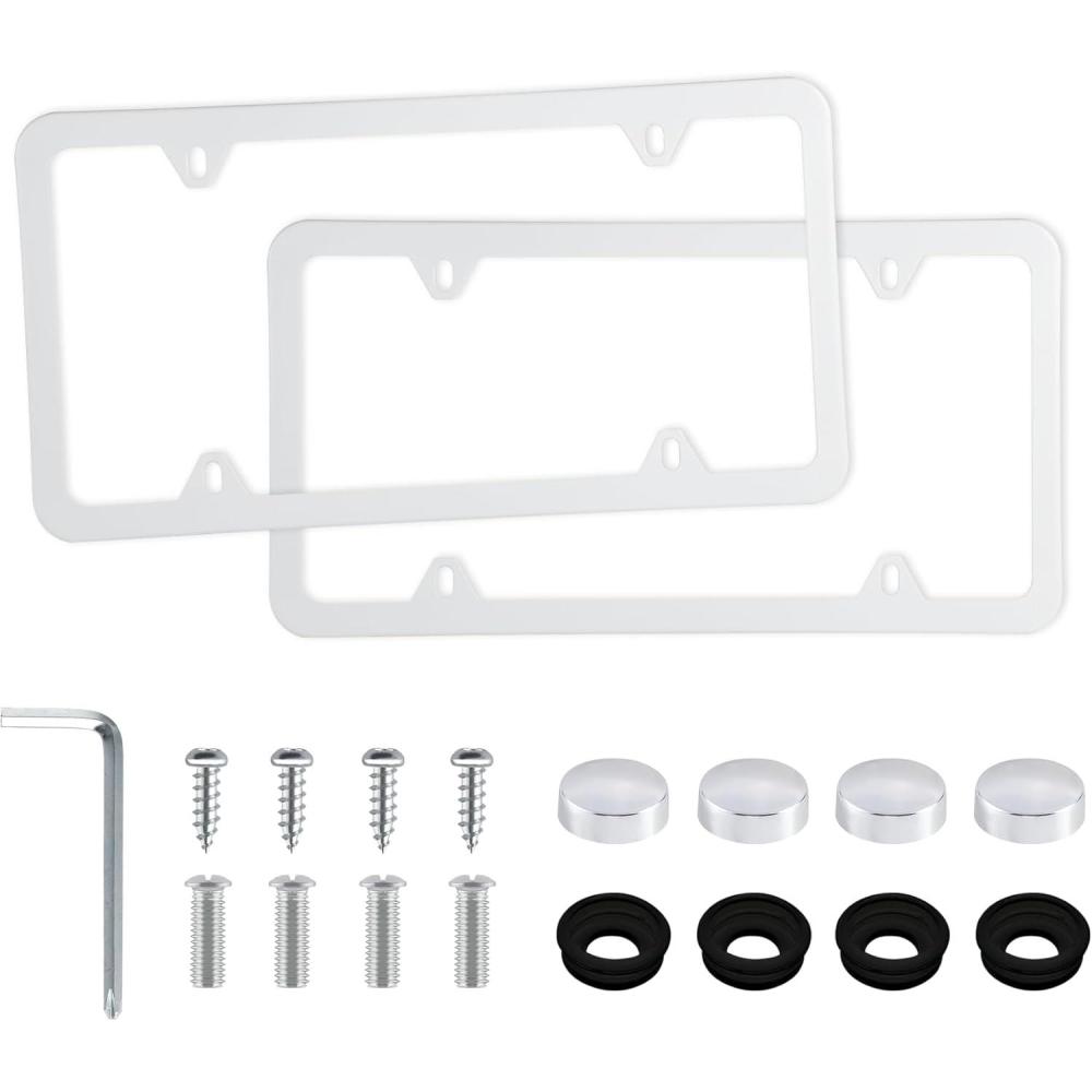 imageLivTee Carbon Fiber License Plate Frames 2 Holes Stainless Steel License Plate Covers 2PCS Car License Plate Holder Slim Design with Gasket Cover for US Cars Automotive Exterior AccessoriesWhite