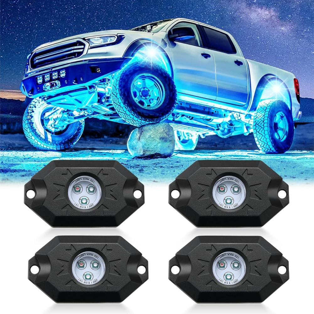 imageLivTee RGB LED Rock Lights Kit 4 Pods Waterproof Underglow Neon Lights with Bluetooth App Control  MultiColor ampamp Music Sync Wheel Light for Trucks SUV UTV ATV RZR Golf Cart