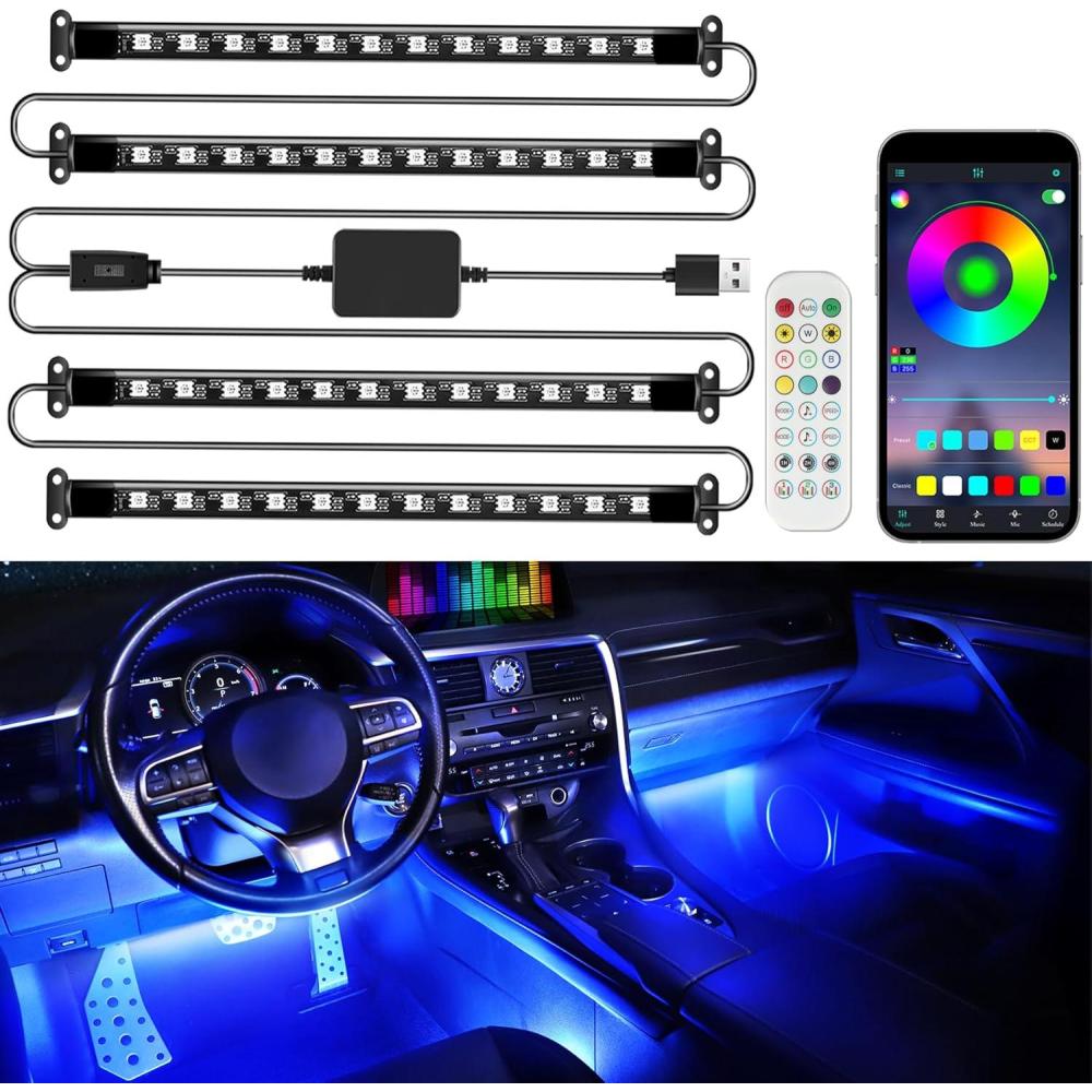 imageLivTee Smart Car Interior Lights RGB LED Accent Lights with App Control Music Mode DIY Mode 2Line Design Charger Included Car Accessories for WomenWith Remote Control