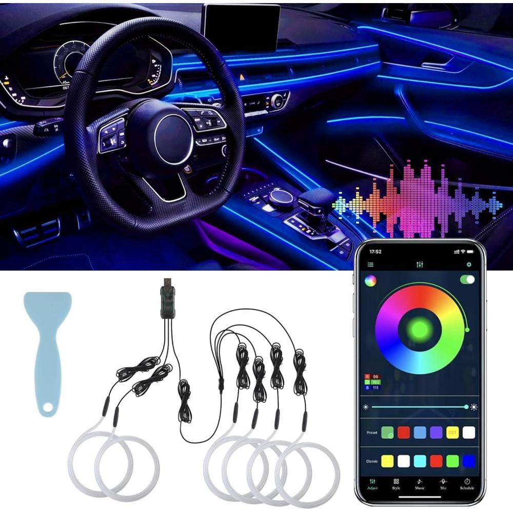 imageLivTee Smart Car LED Interior Lights with USB Port LED Strip Fiber Optic Lights Wireless App Control Sync to Music Car Accessories Gifts for Women and Men 5 in 1Fiber Optic Lights1to6