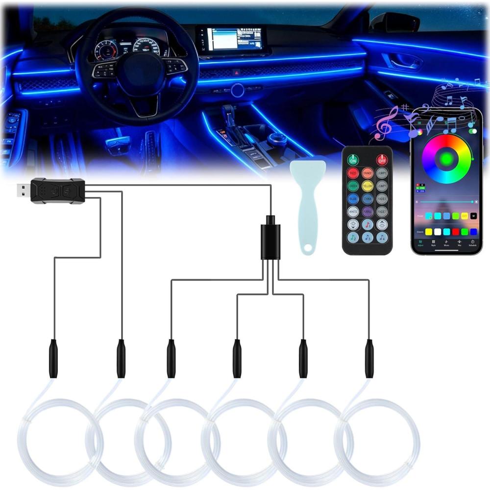 imageLivTee Smart Car LED Interior Lights with USB Port LED Strip Fiber Optic Lights Wireless App and Remote Control Sync to Music Car Accessories Gifts for Women and Men 6 in 1