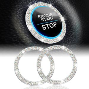 imageLivTee 2 PCS Crystal Rhinestone Car Engine Start Stop Decoration Ring Bling Car Interior Accessories for Women Push to Start Button Cover Sticker Automotive Decals WhiteDouble Colorful