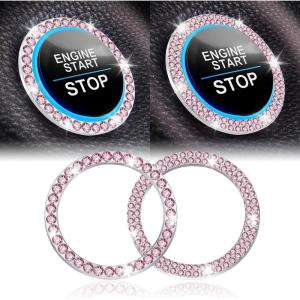 imageLivTee 2 PCS Crystal Rhinestone Car Engine Start Stop Decoration Ring Bling Car Interior Accessories for Women Push to Start Button Cover Sticker Automotive Decals WhiteSet Pink