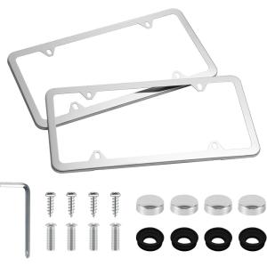 imageLivTee Carbon Fiber License Plate Frames 2 Holes Stainless Steel License Plate Covers 2PCS Car License Plate Holder Slim Design with Gasket Cover for US Cars Automotive Exterior AccessoriesSilver