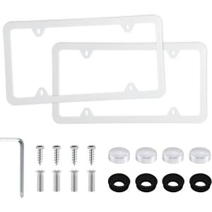 imageLivTee Carbon Fiber License Plate Frames 2 Holes Stainless Steel License Plate Covers 2PCS Car License Plate Holder Slim Design with Gasket Cover for US Cars Automotive Exterior AccessoriesWhite
