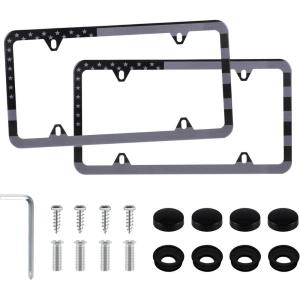 imageLivTee Carbon Fiber License Plate Frames 2 Holes Stainless Steel License Plate Covers 2PCS Car License Plate Holder Slim Design with Gasket Cover for US Cars Automotive Exterior AccessoriesFlag BG